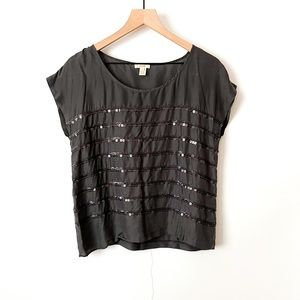 J Crew Silk Solid Gray Sequin Stripe Scoop Neck Short Sleeve Casual Blouse Siz 2